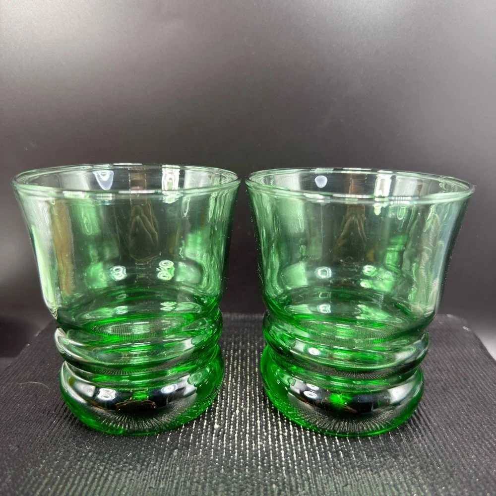Anchor Hocking Green Glass Tumblers Ringed‎ Beehive Base Set of 2 Vintage 4 inch